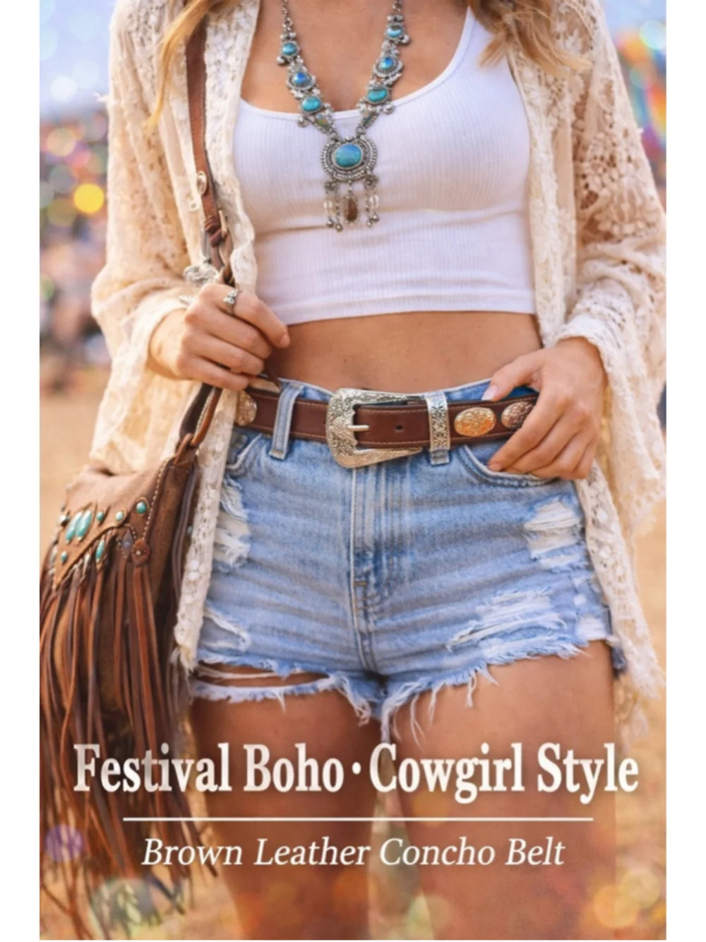 Nadim Western Concho Leather Belt Brown Engraved Silver Buckle Cowgirl Boho